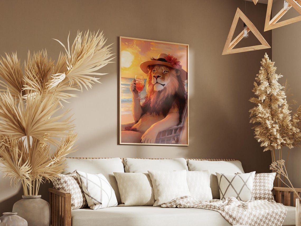 Lion In Flower Straw Hat Sipping Cocktail At Sunset Beach Poster - Image 3