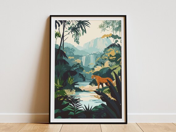 Jungle Waterfall Jaguar Spotted Big Cat River Wildlife Poster