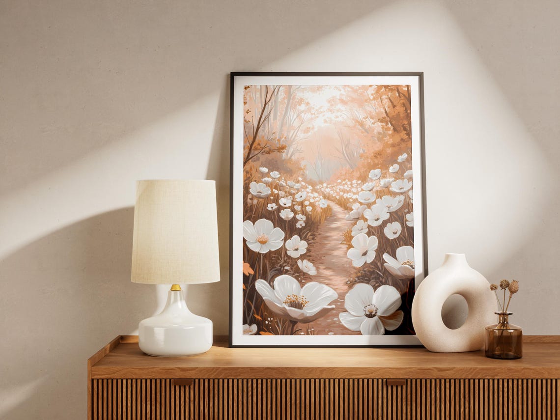 White Anemone Flower Path Golden Woodland Whimsical Art Poster - Image 4