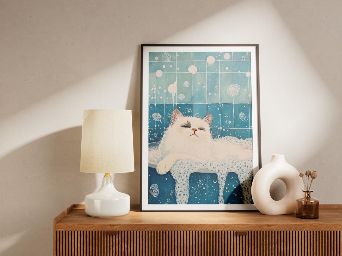 Ragdoll Cat In Bathtub Poster Bathroom Art Print Funny Lover Gift Pet Portrait Whimsical Decor Soapy Water - Image 4