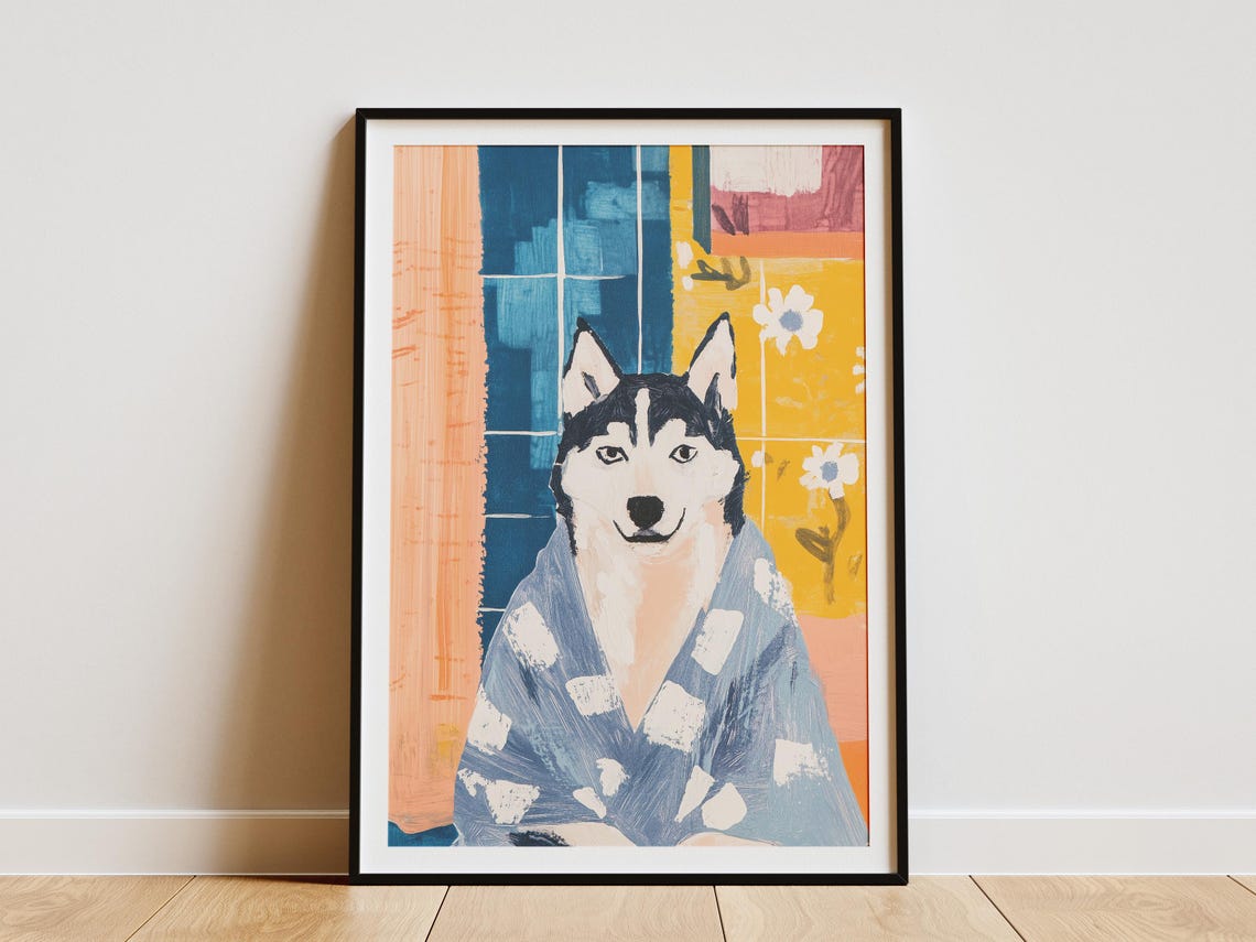 Stylish Husky In Blue Checkered Bathrobe Colorful Dog Wall Poster