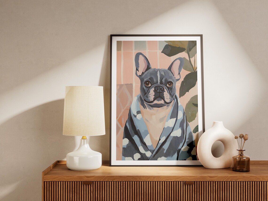French Bulldog in Blue Polka Dot Bathrobe Funny Dog Art Poster - Image 4