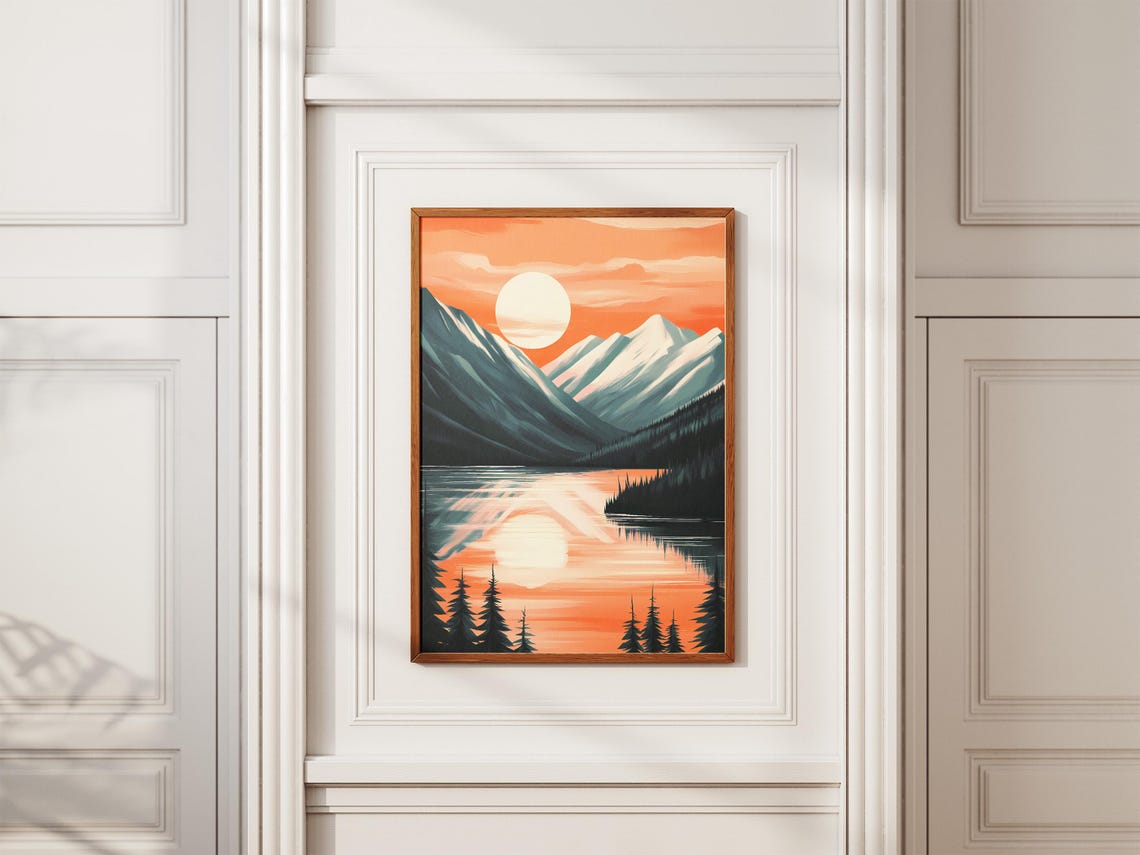 Fiery Orange Sunset Over Snowy Peaks Lake Reflection Scene Poster - Image 2
