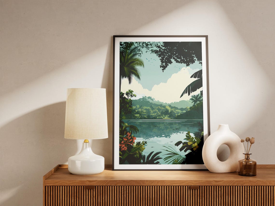 Tropical Rainforest Lake With Palm Trees and Calm Water Art Poster - Image 5