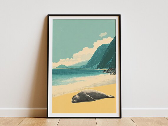 Sleeping Monk Seal Hawaiian Travel Poster Print Tropical Beach Art Island Vacation Wall Decor Coastal Hawaii House