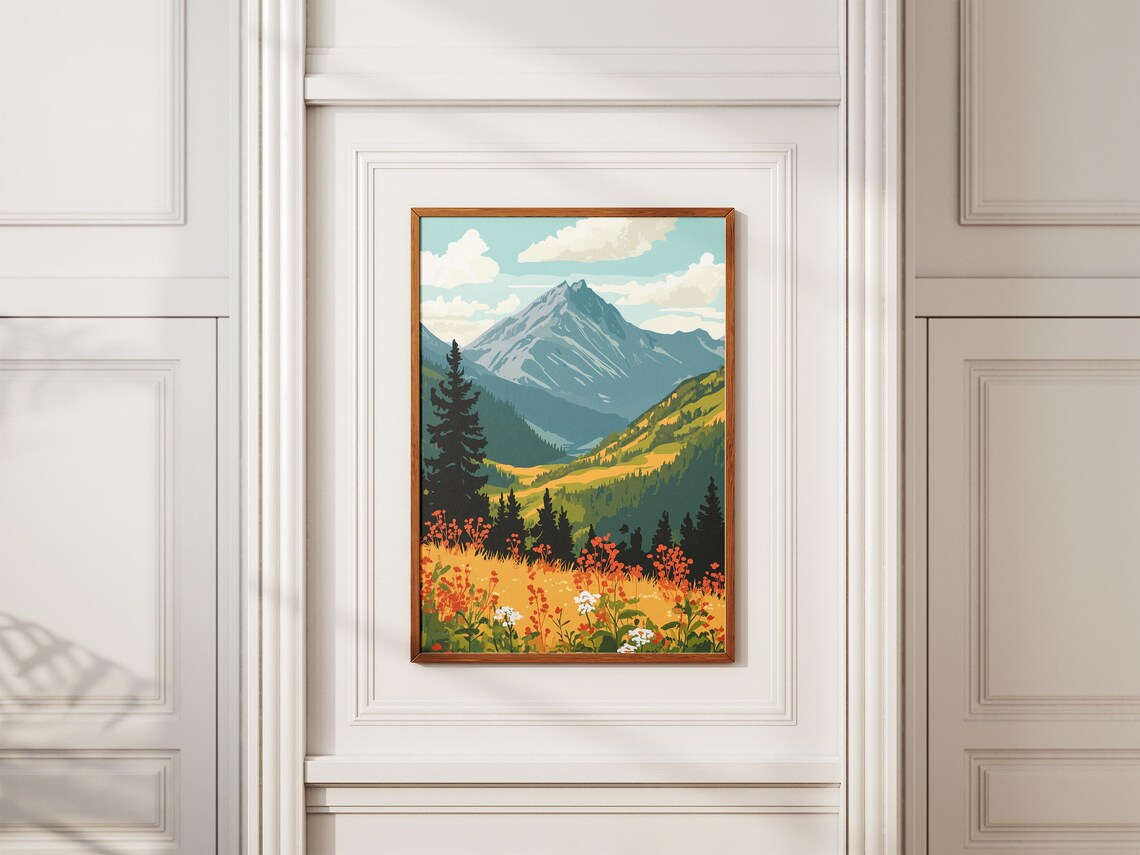 Caucasus Mountains Snowy Peak Wildflower Meadow Pines Poster - Image 2