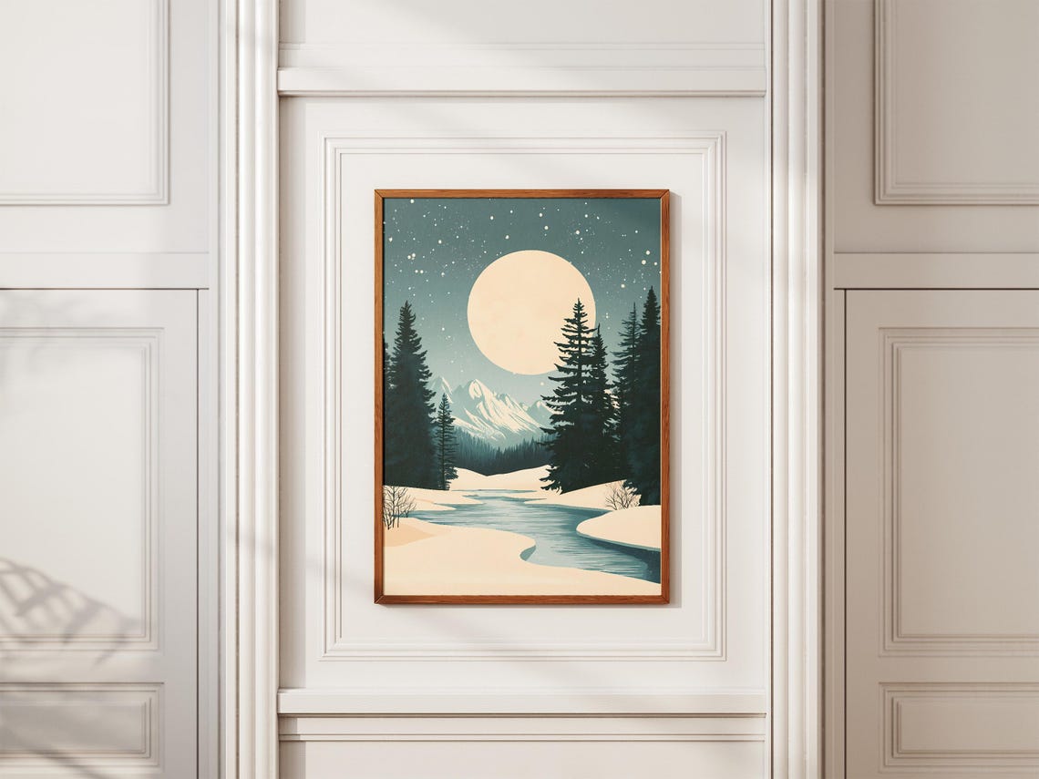 Huge Full Moon Over River Pines Snowy Mountains Night Poster - Image 2