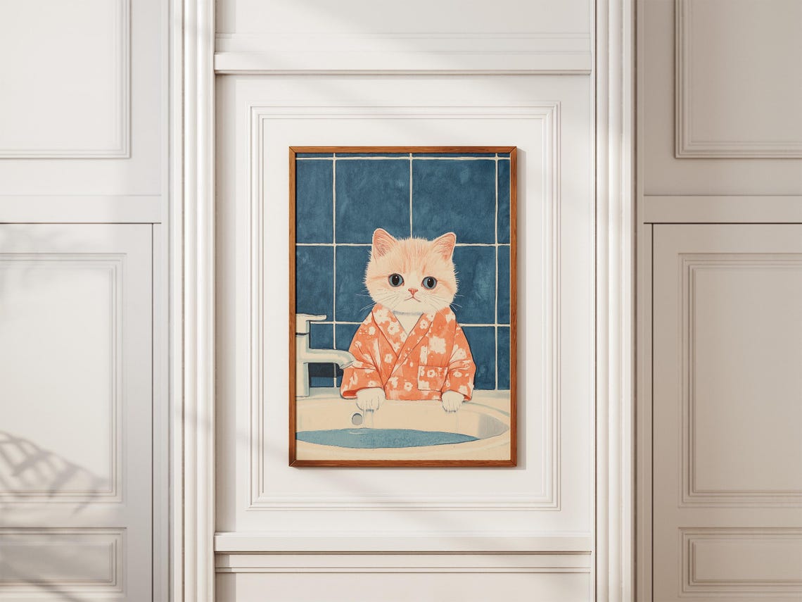 Cream Kitten in Floral Bathrobe at Sink Cute Bathroom Poster - Image 2