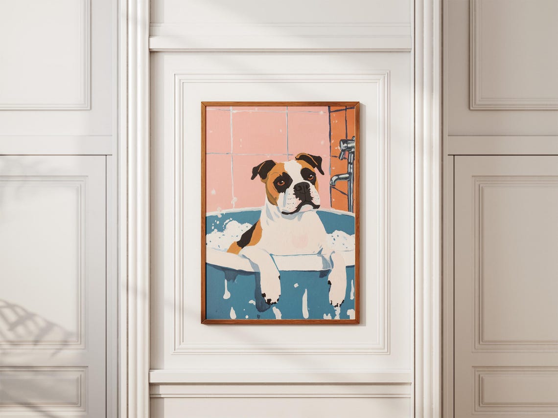 Boxer Dog Soaking in Blue Bathtub Bubble Bath Retro Style Poster - Image 2