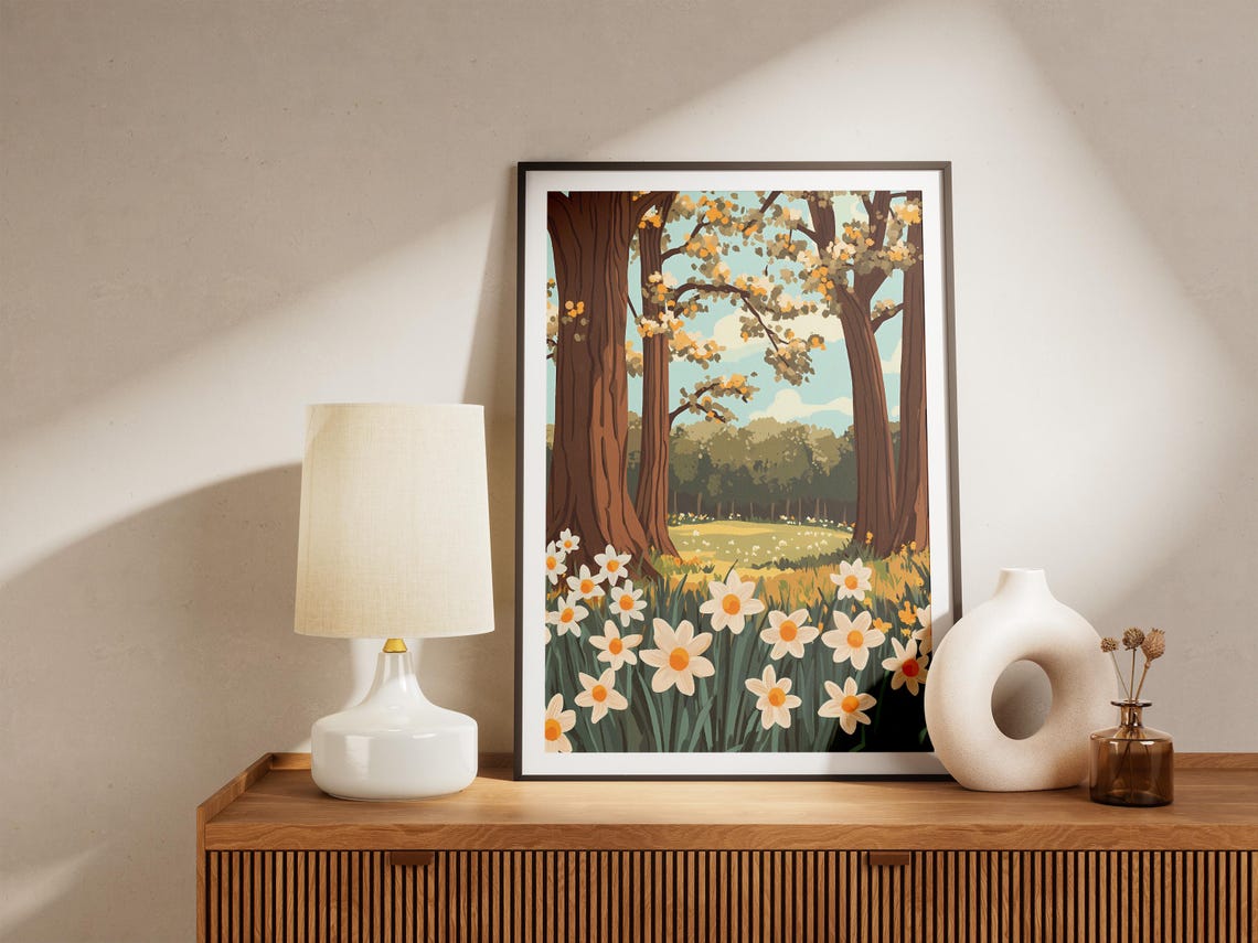 White Daffodils Beneath Towering Oak Trees Poster in Spring Meadow - Image 5