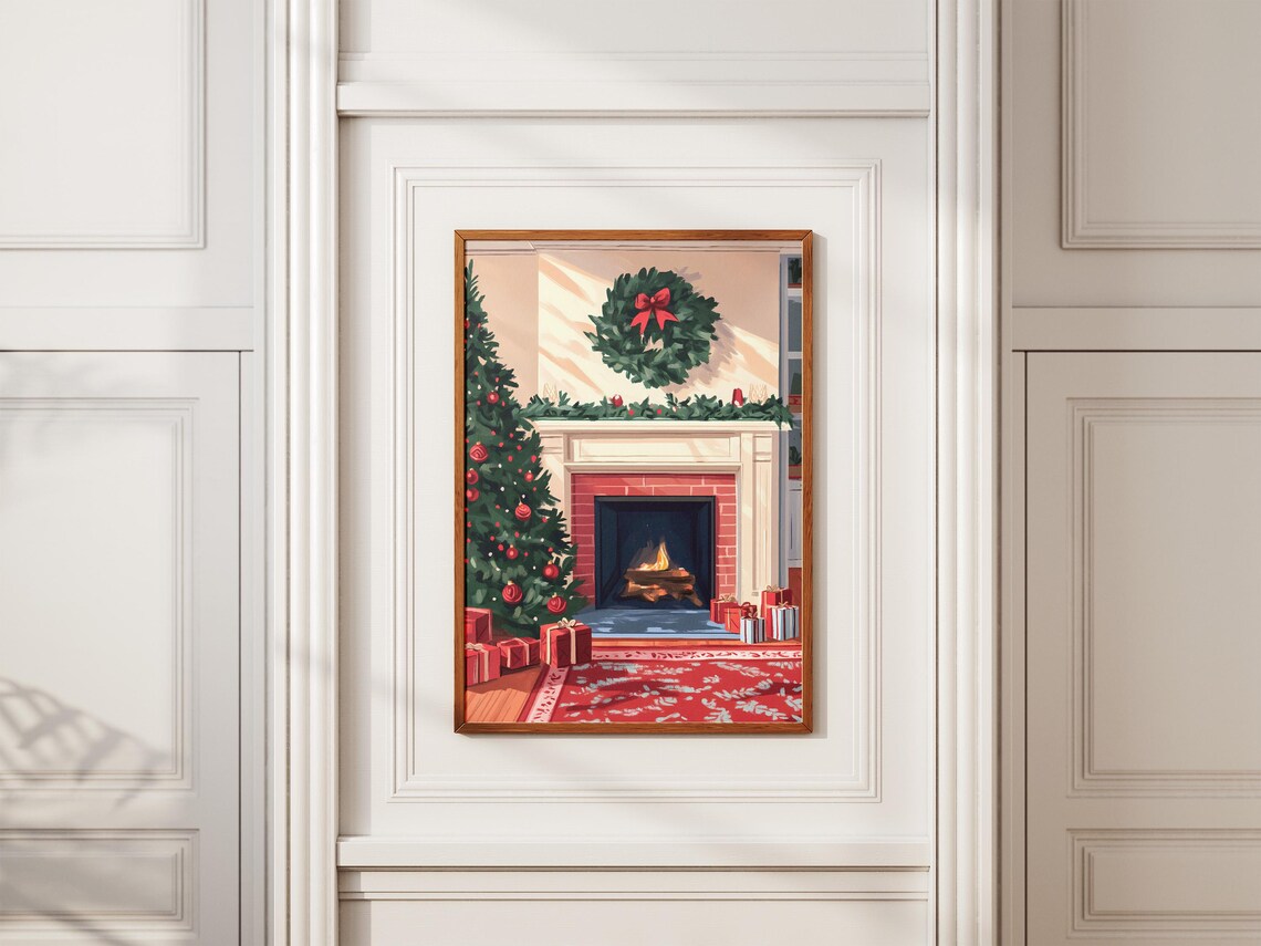 Cozy Christmas Fireplace Scene Poster with Tree Wreath and Gifts - Image 2