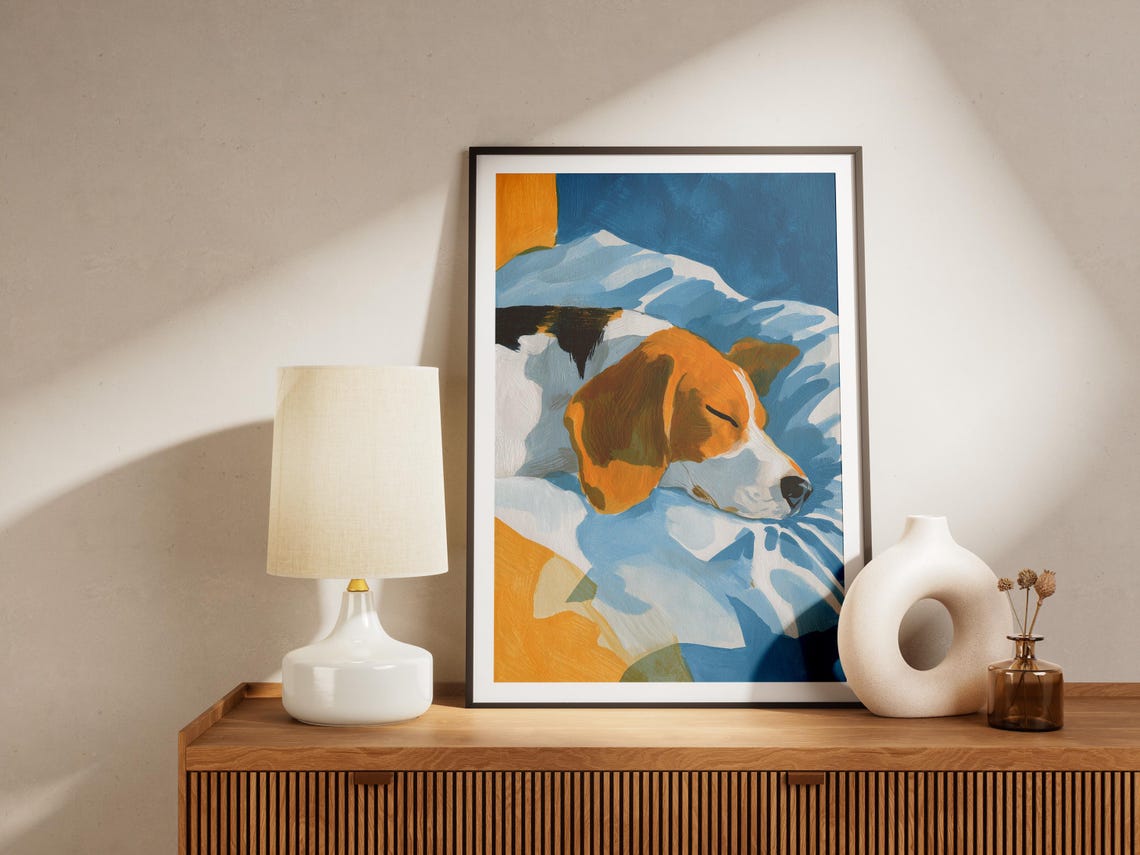 Beagle Sleeping on Blue Bedding Gouache Painting Cozy Dog Art Poster - Image 4