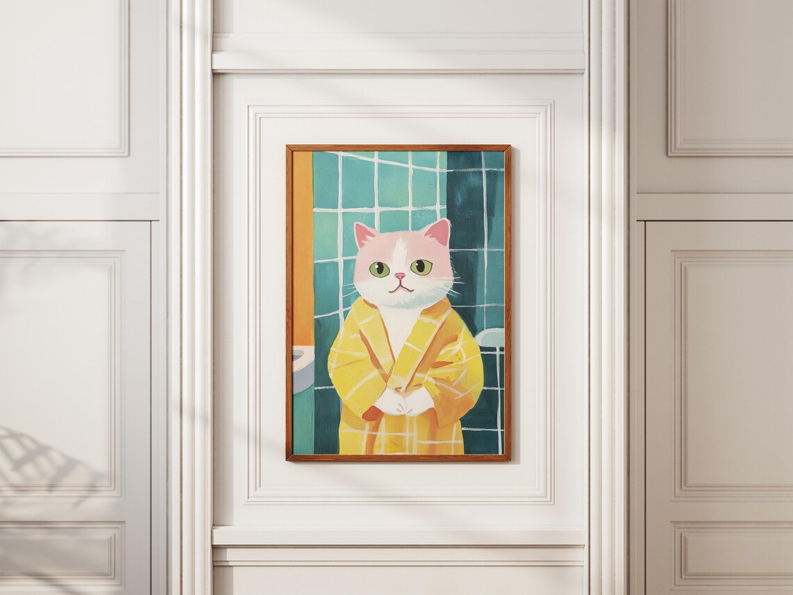 Cute Kitten in Yellow Bathrobe Funny Bathroom Cat Art Humor Poster - Image 2