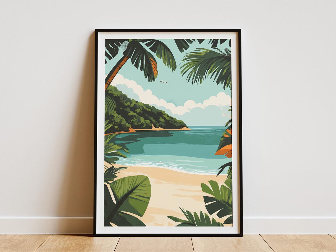 Costa Rica Tropical Beach Palm Trees Turquoise Cove Travel Poster