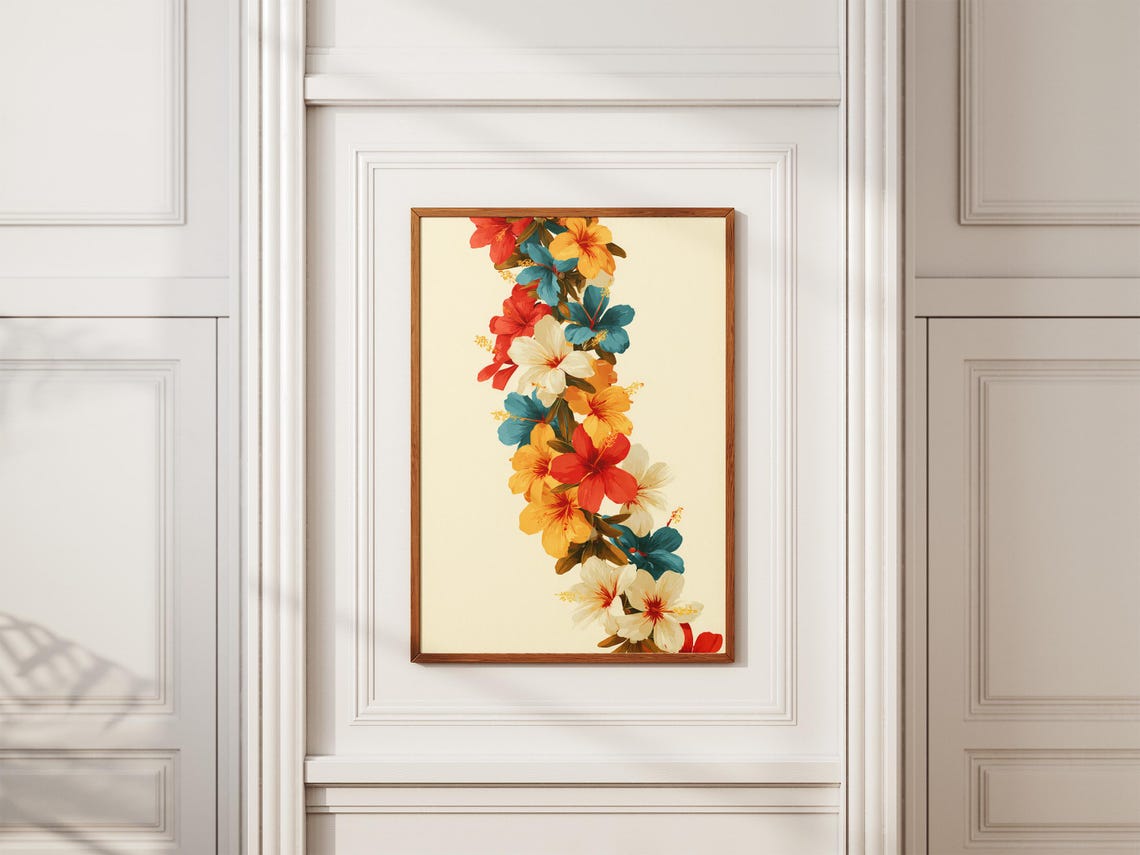 Hibiscus Lei Garland Vertical Multicolor Floral Cream Art Poster - Image 2