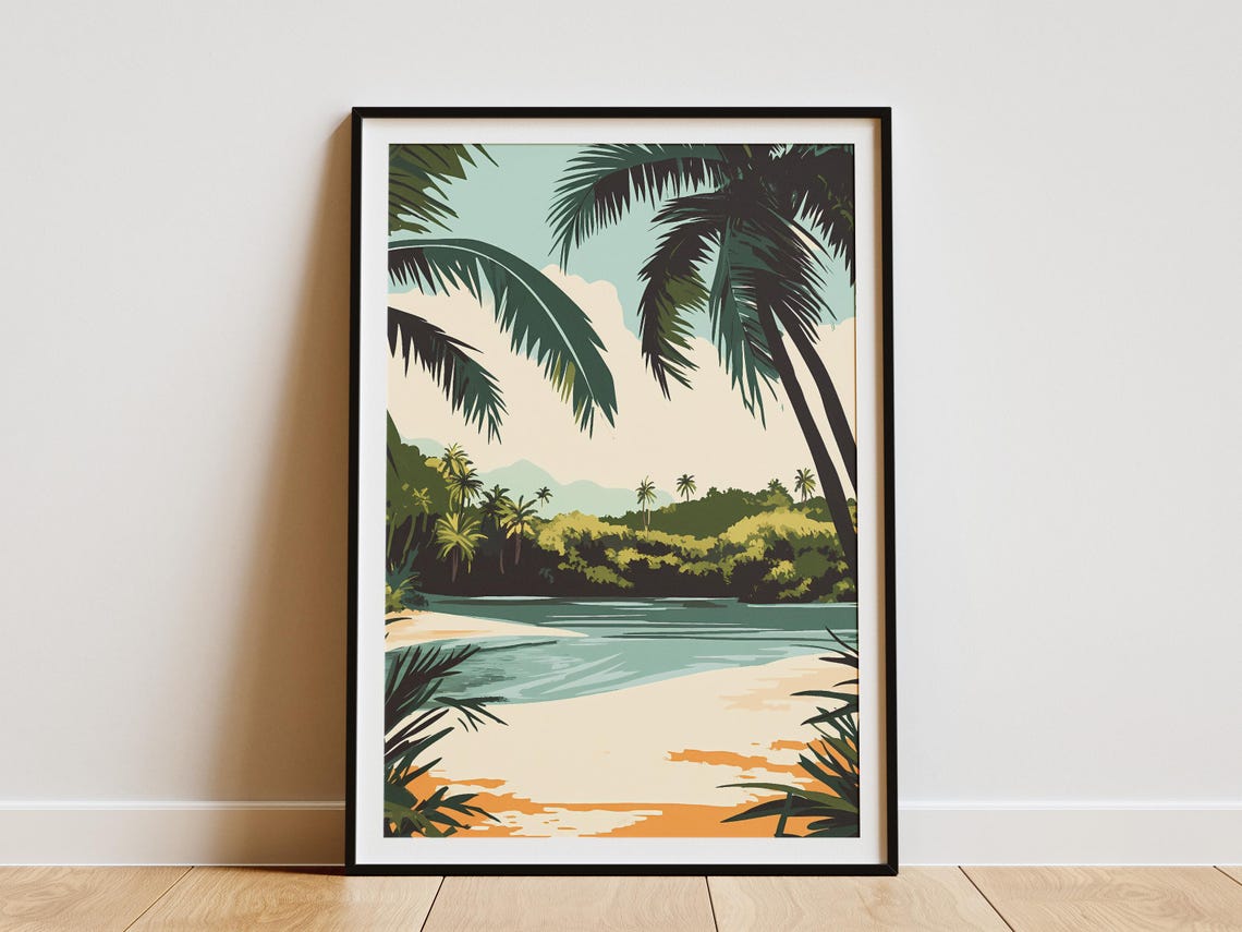 Seychelles Beach Palm Framed Tropical Cove Paradise Art Poster