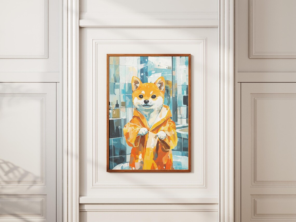 Happy Shiba Inu Puppy in Bright Orange Robe Modern Dog Art Poster - Image 2