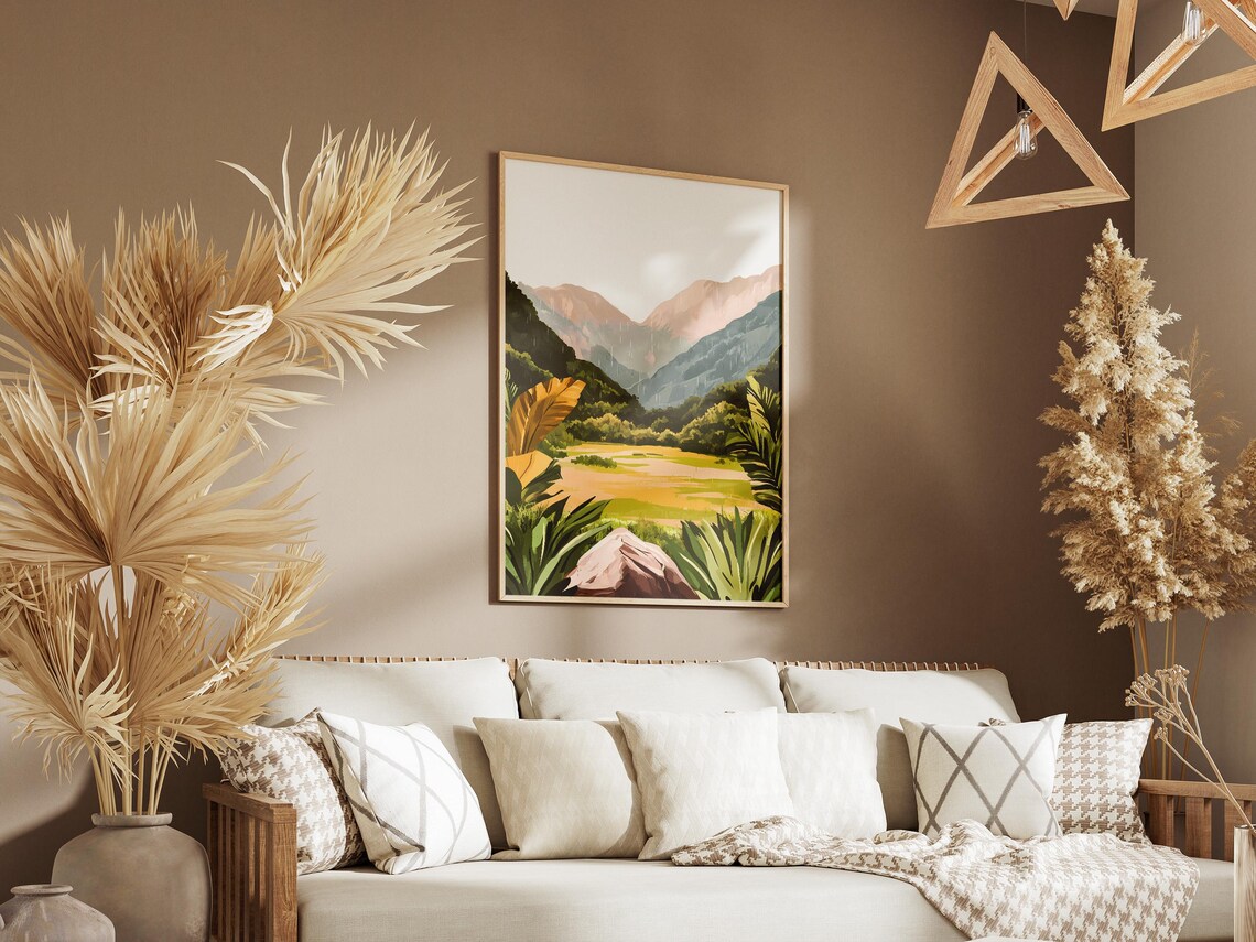 Golden Spring Valley With Tropical Plants And Rocky Peak Poster - Image 3