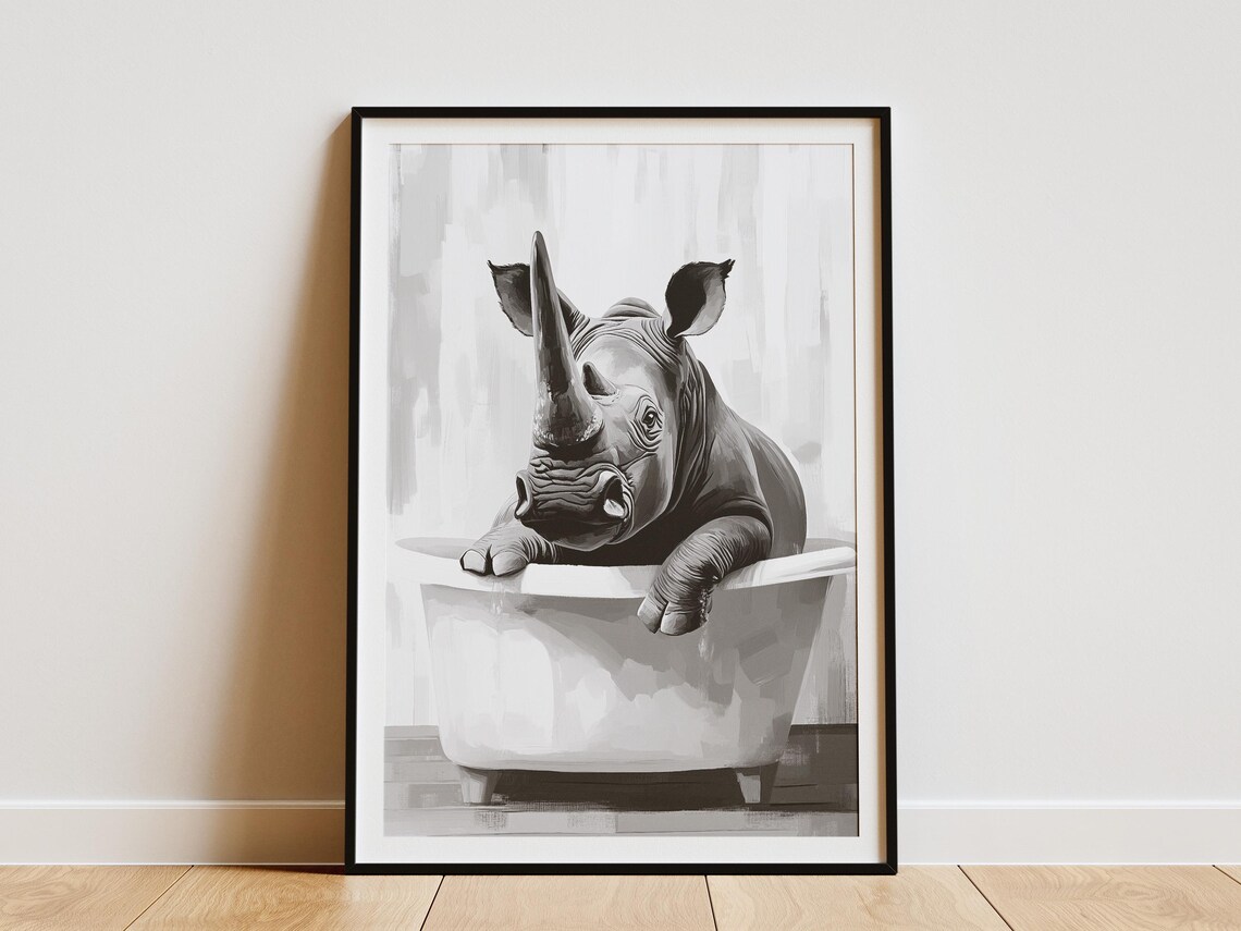 Rhino in Bathtub Funny Minimalist Black and White Animal Poster