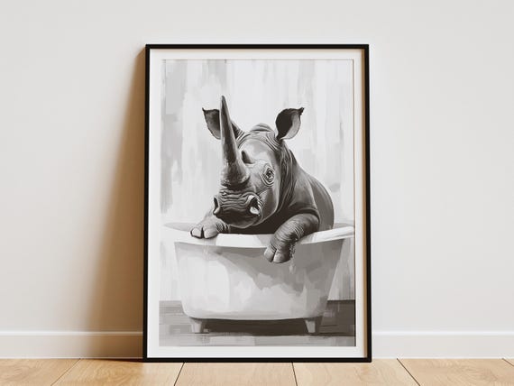 Rhino In Bathtub Poster Animal Art Print Bathroom Wall Decor Minimalist Wildlife Funny Unique Home
