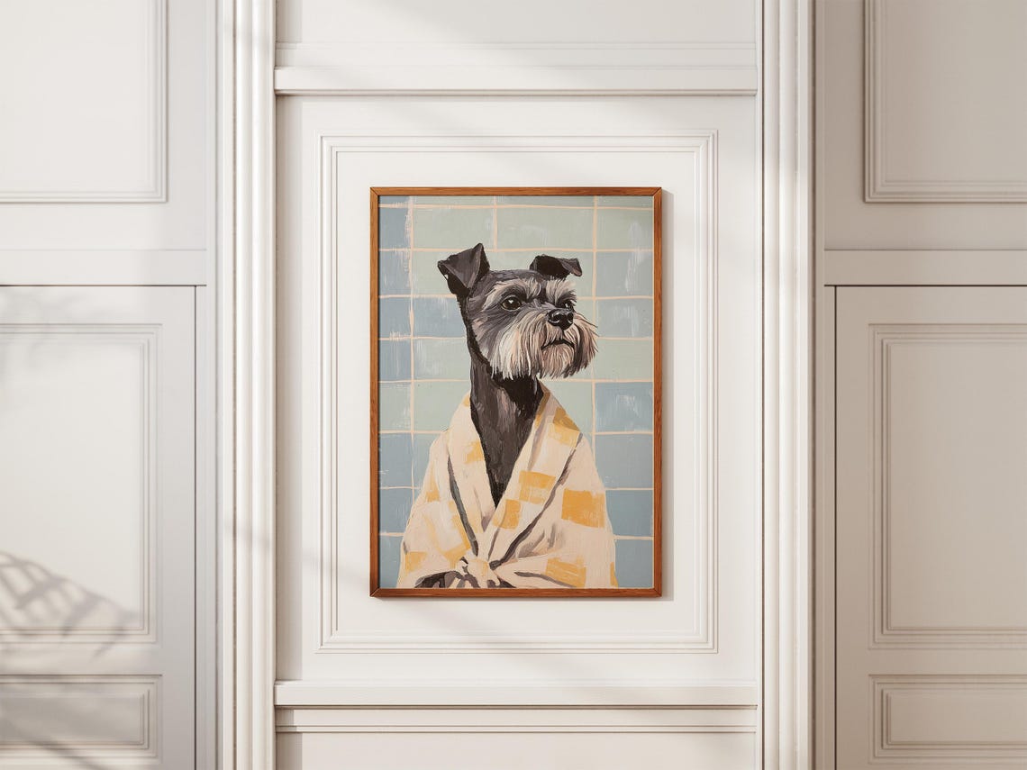 Miniature Schnauzer In Bathrobe Art Print Funny Dog Bathroom Poster Pet Portrait Wall Lover Gift - Image 2