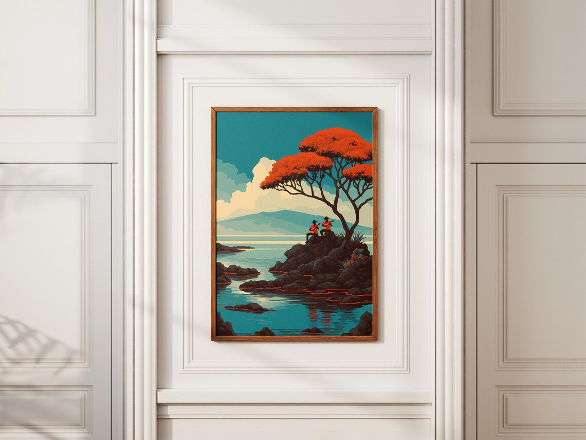 Vintage Guitarists Red Tree Rocky Coast Ocean Travel Sunset Poster - Image 2