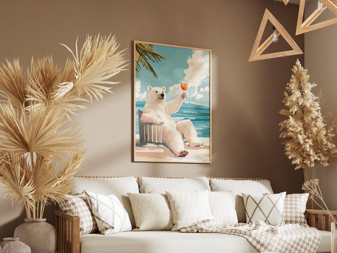 Happy Polar Bear Raising Cocktail Glass On Tropical Beach Poster - Image 3