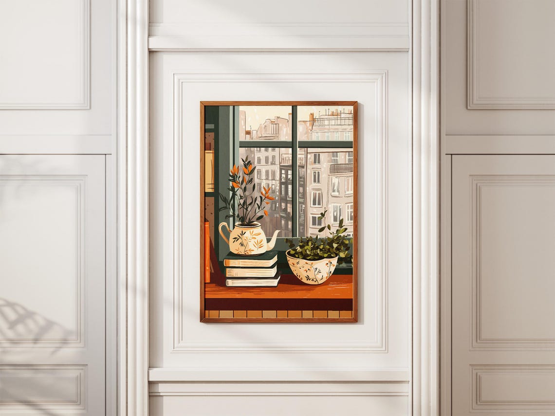 Teapot Planter Stacked Books City Window Botanical Still Life Poster - Image 2