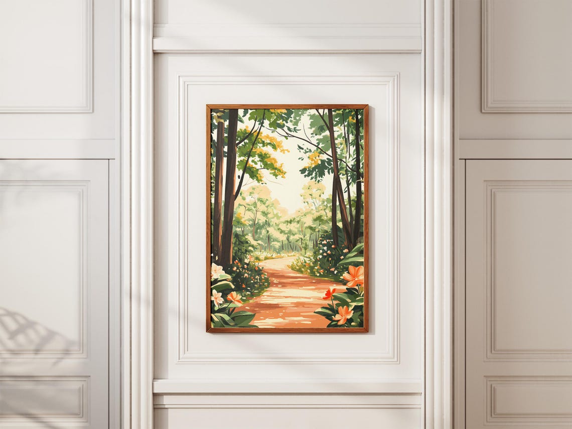 Sunlit Forest Path Lined With Orange Blossoms And Leaves Poster - Image 2