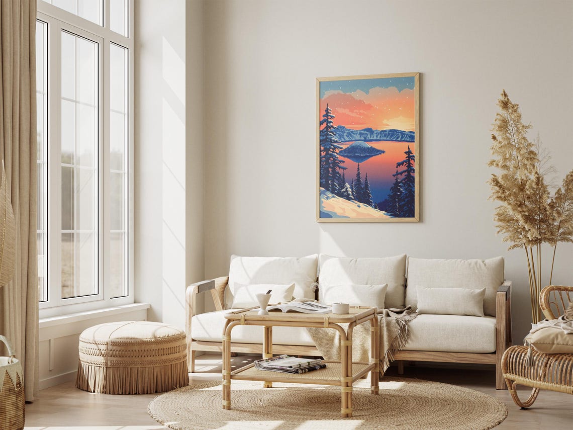 Crater Lake Oregon Sunset Over Orange Sky Snowy Pines Poster - Image 4