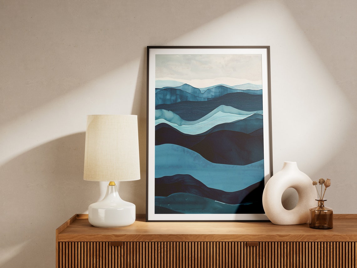 Layered Indigo Blue Watercolor Waves Abstract Modern Ocean Print - Image 2