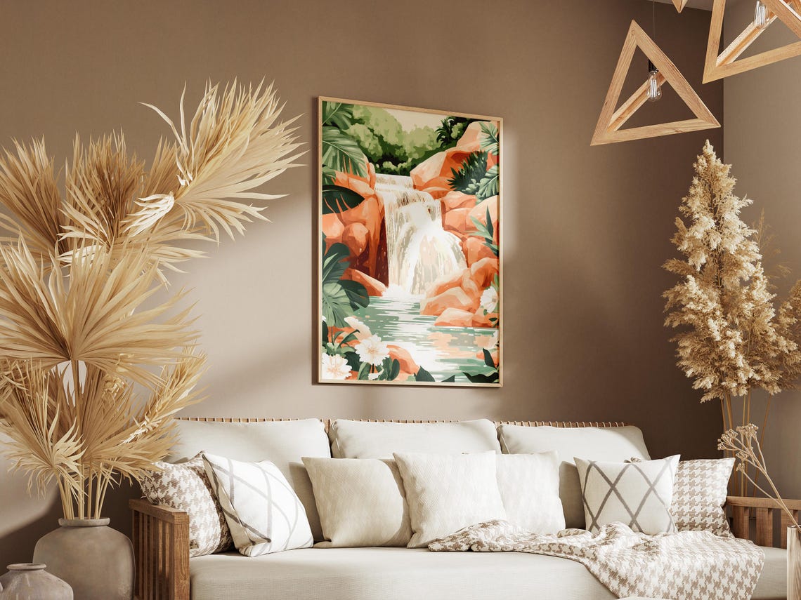 Tropical Waterfall With Peach Rocks Lush Jungle Nature Poster - Image 3