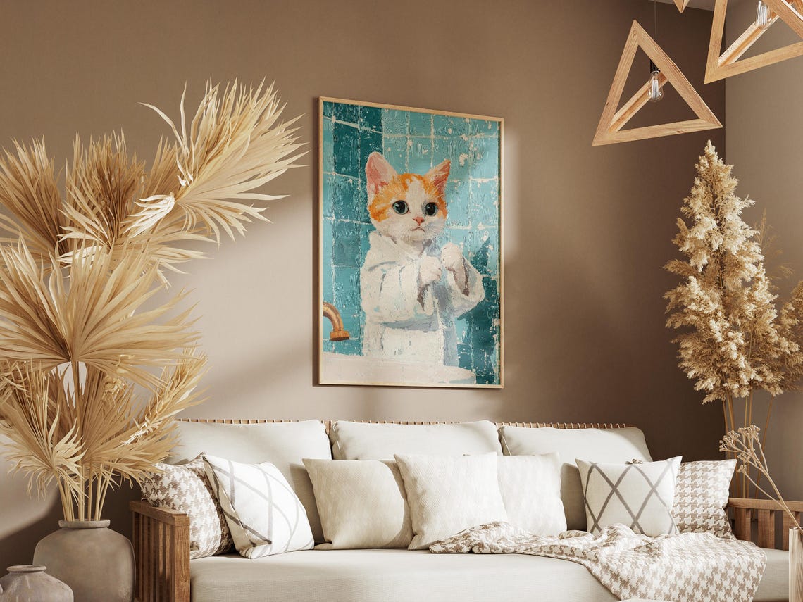Orange White Kitten in Fluffy White Robe Spa Day Cat Art Poster - Image 3