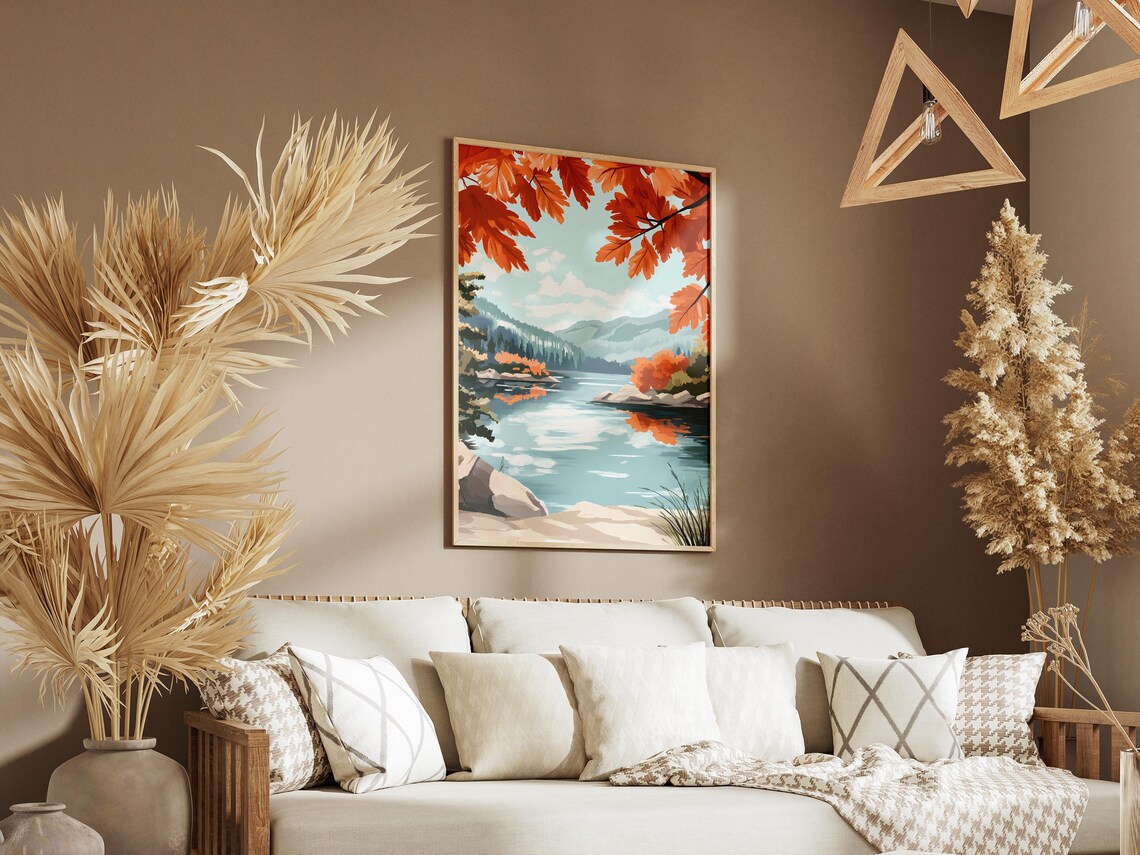 Fiery Red Autumn Leaves Framing A Turquoise Lake Landscape Poster - Image 3