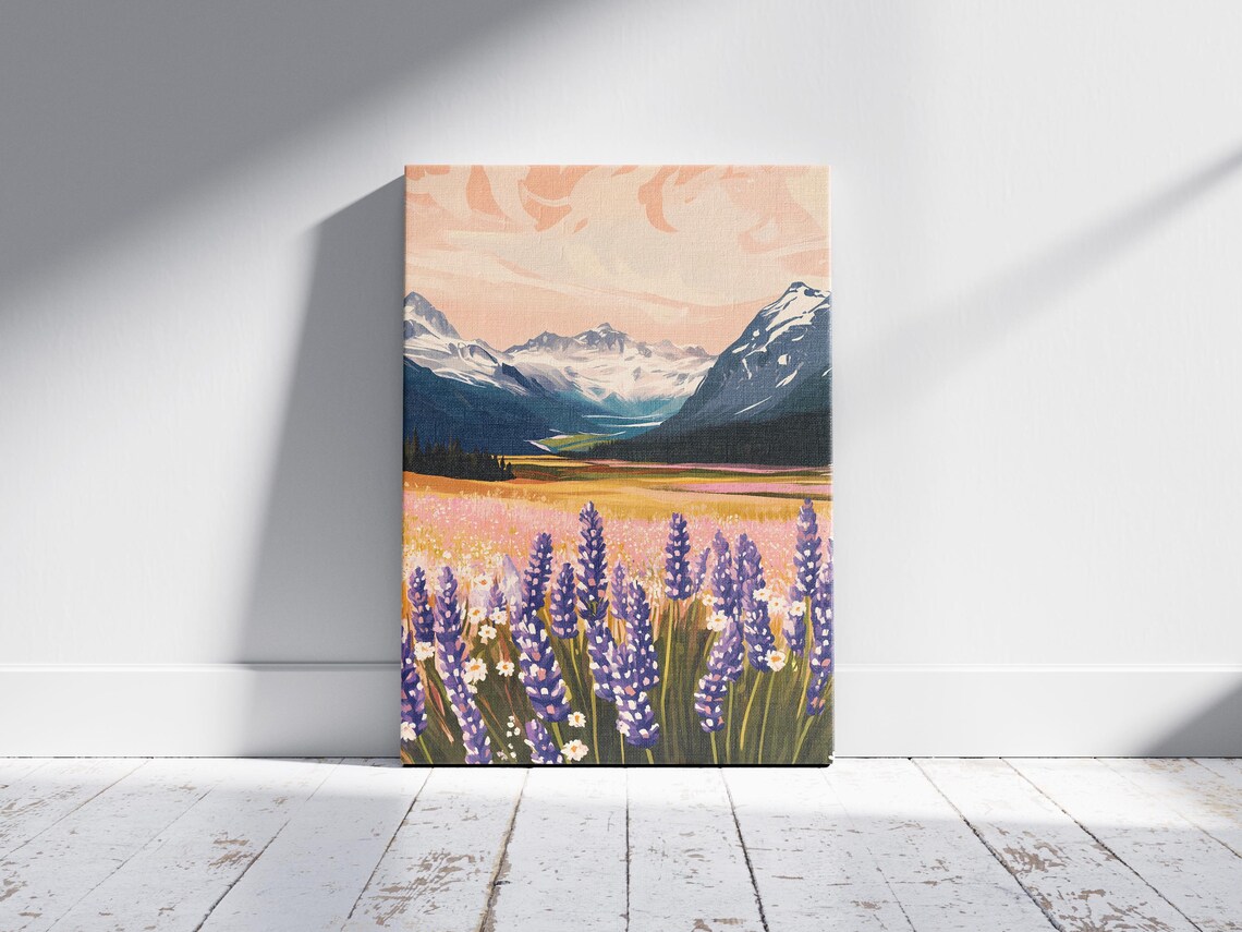 Purple Wildflower Field With Snowy Mountains Sunset Art Poster - Image 2