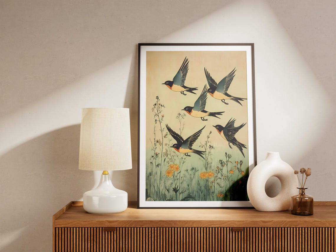 Five Barn Swallows Flying Over Wildflower Meadow Vintage Poster - Image 5