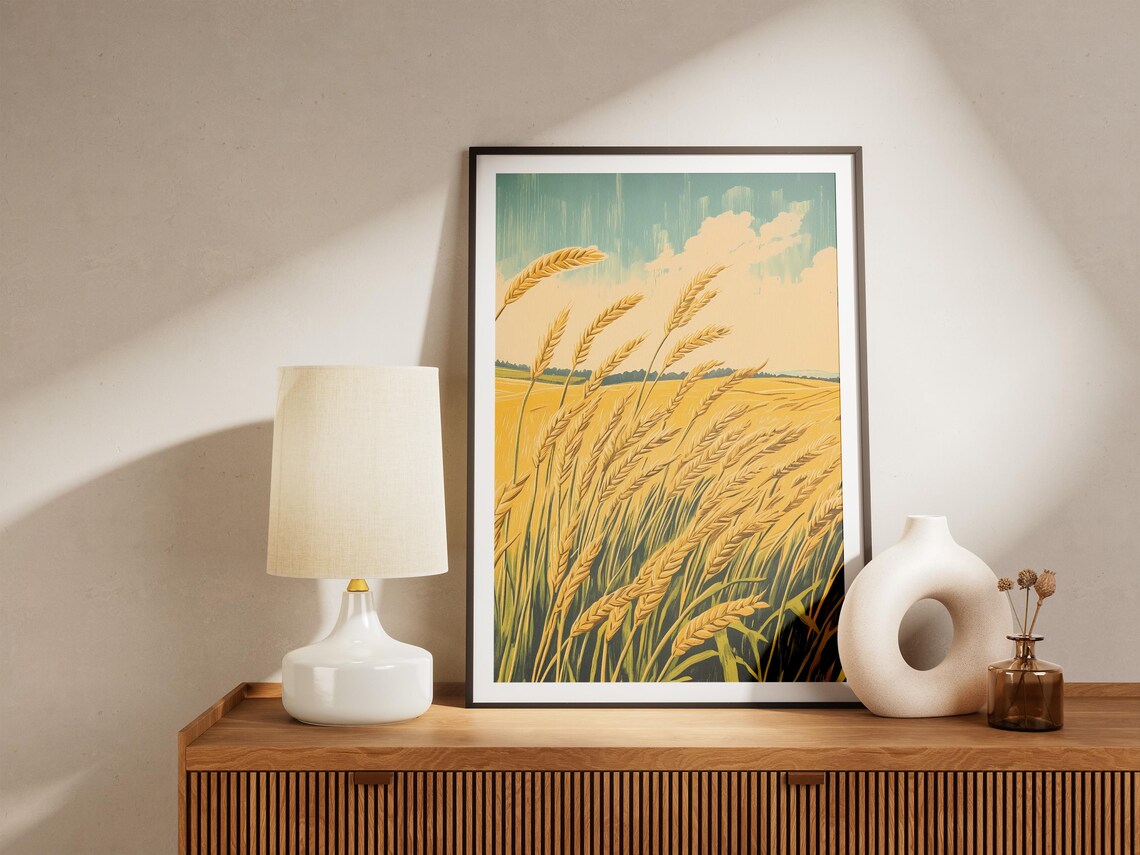 Golden Wheat Stalks Swaying Field Teal Sky Vintage Art Poster - Image 5