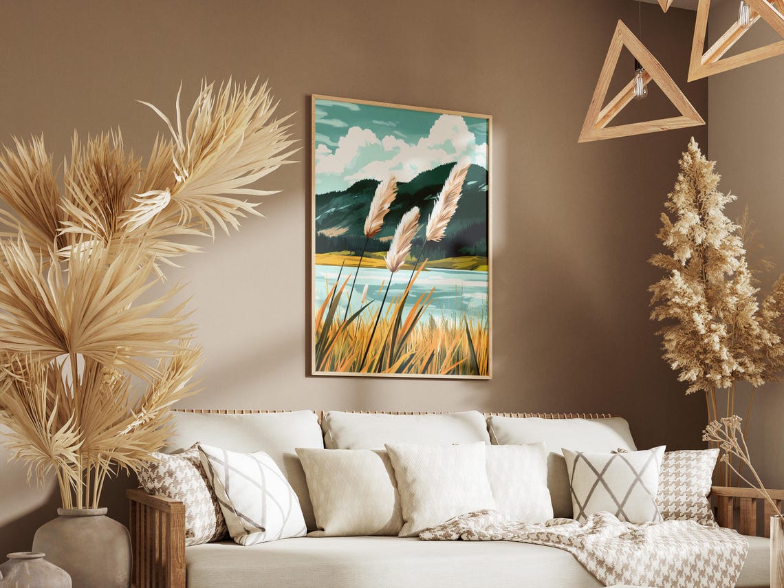 Cream Pampas Grass by a Turquoise Mountain Lake Scene Poster - Image 3