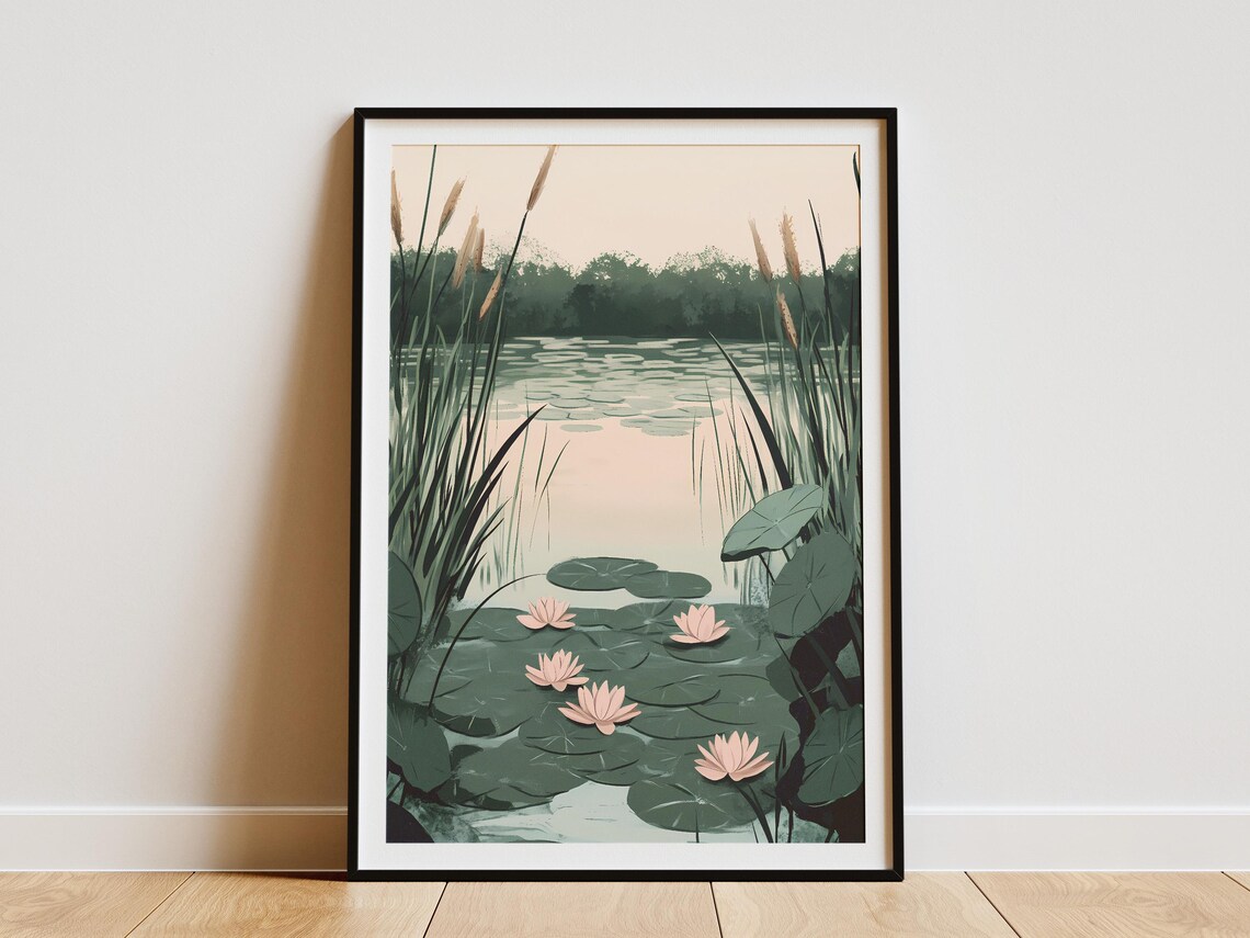 Water Lily Pond Pink Blooms Lily Pads Reeds Calm Lake Poster