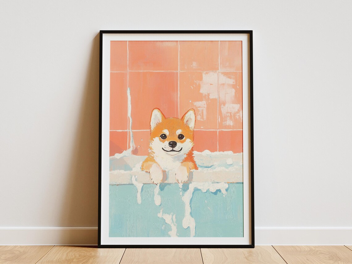 Smiling Shiba Inu Puppy Bubble Bath Peach Tile Cute Dog Poster
