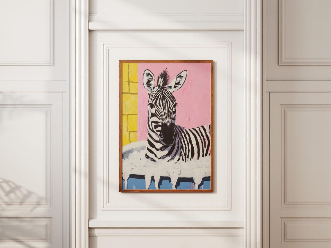 Playful Zebra Relaxing In Bubble Bath Pink Yellow Bathroom Poster - Image 2