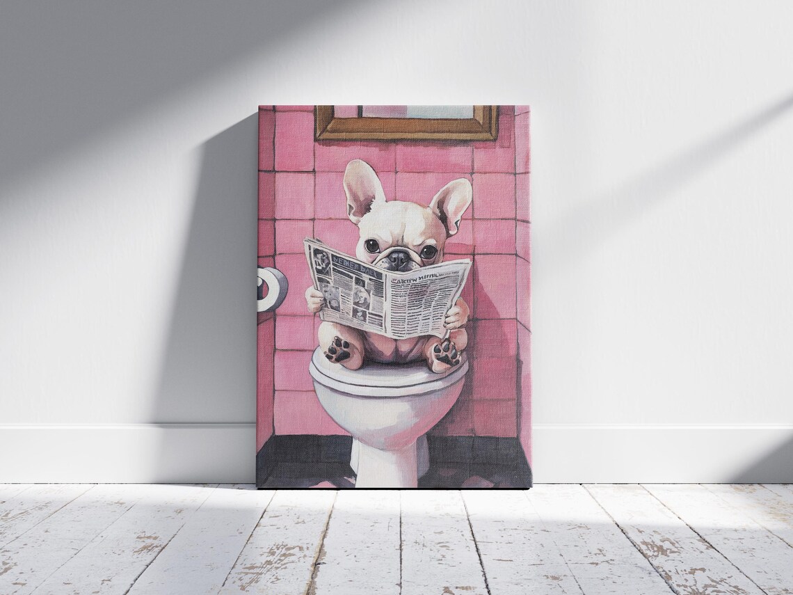 French Bulldog Puppy Reading Paper Pink Tiles Dog Art Poster - Image 2