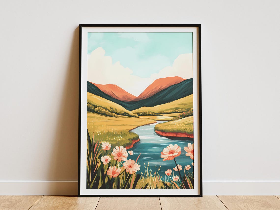 Coral Mountain Sunset Valley River With Pink Wildflowers Poster