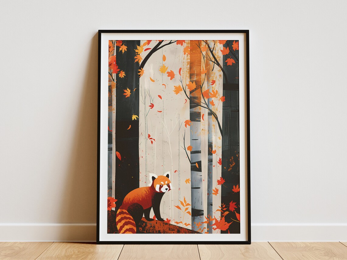 Red Panda in Autumn Forest, Minimalist Art Print