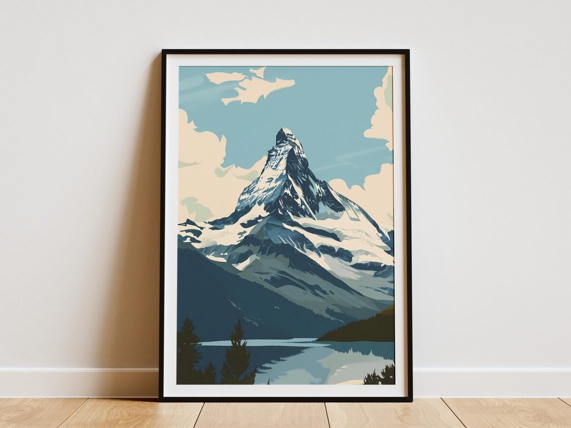 Pyramid Shaped Alpine Peak Lake Pines Vintage Travel Art Poster