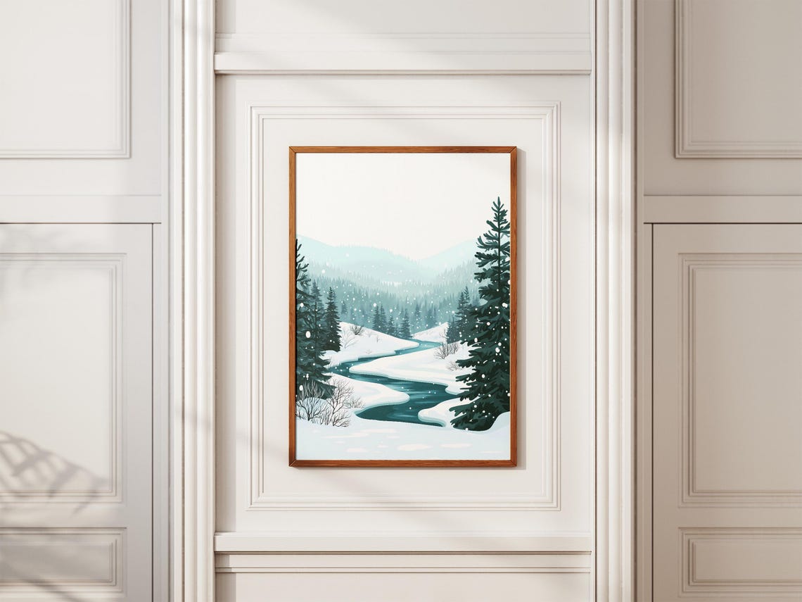 Snowy Teal Forest River Winter Landscape Falling Snow Poster - Image 2