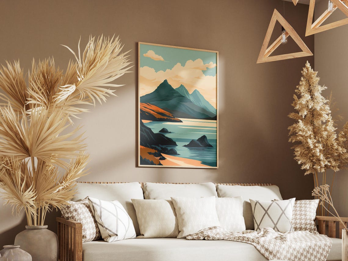 Dramatic Blue Mountain Bay Rocky Shore Coastal Landscape Poster - Image 3