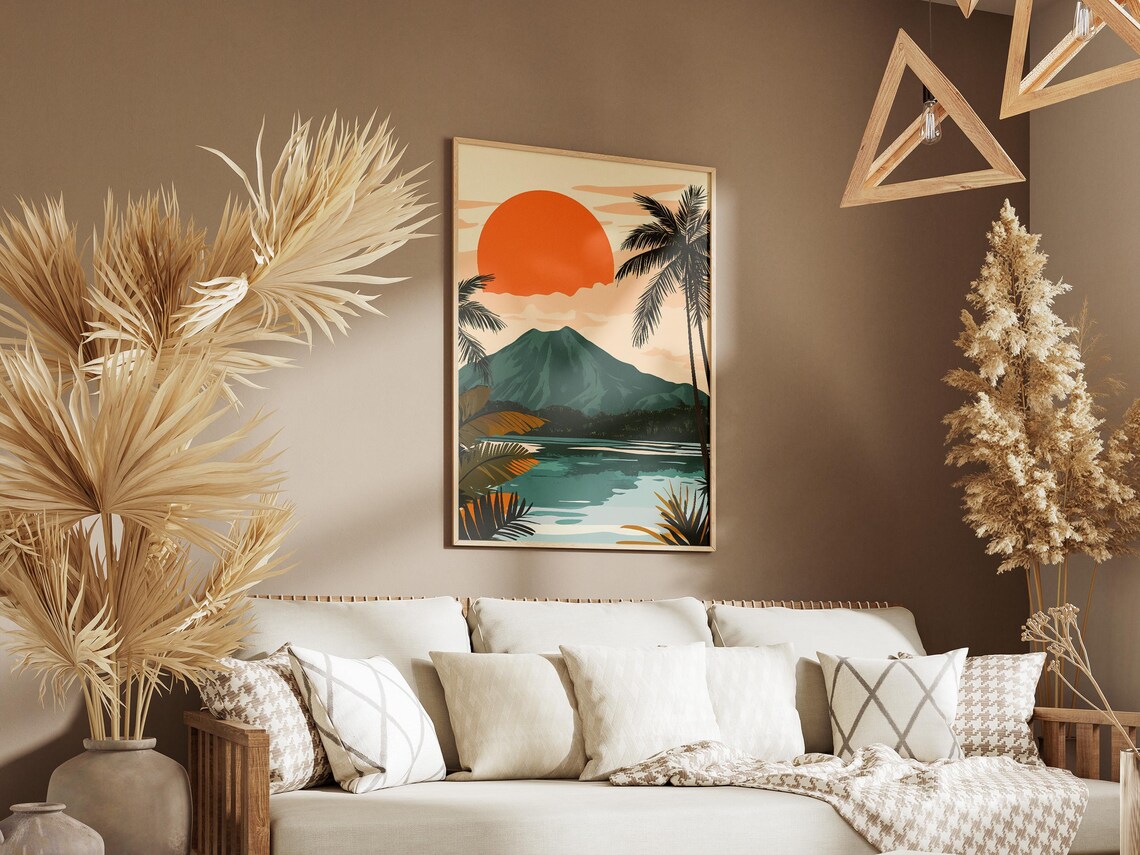 Lombok Island Indonesia Sunset Volcano Palm Lagoon Travel Poster - Image 3