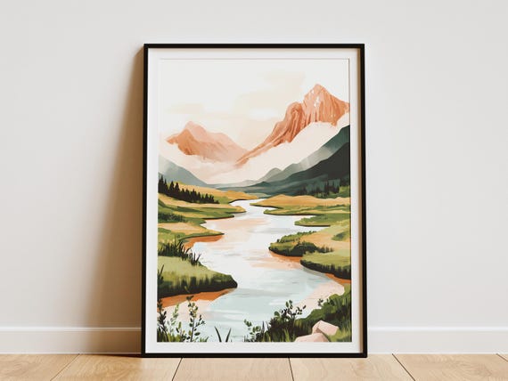 Mist Covered River Valley Landscape Poster Modern Nature Art Print Abstract Mountain Print Home Decor Wall Art Peaceful River Scene Nature