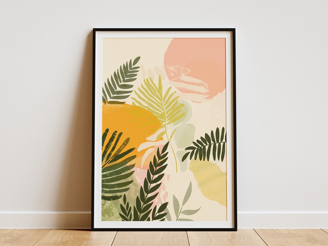 Minimalist Botanical Green Leaves, Mid-Century Art Print